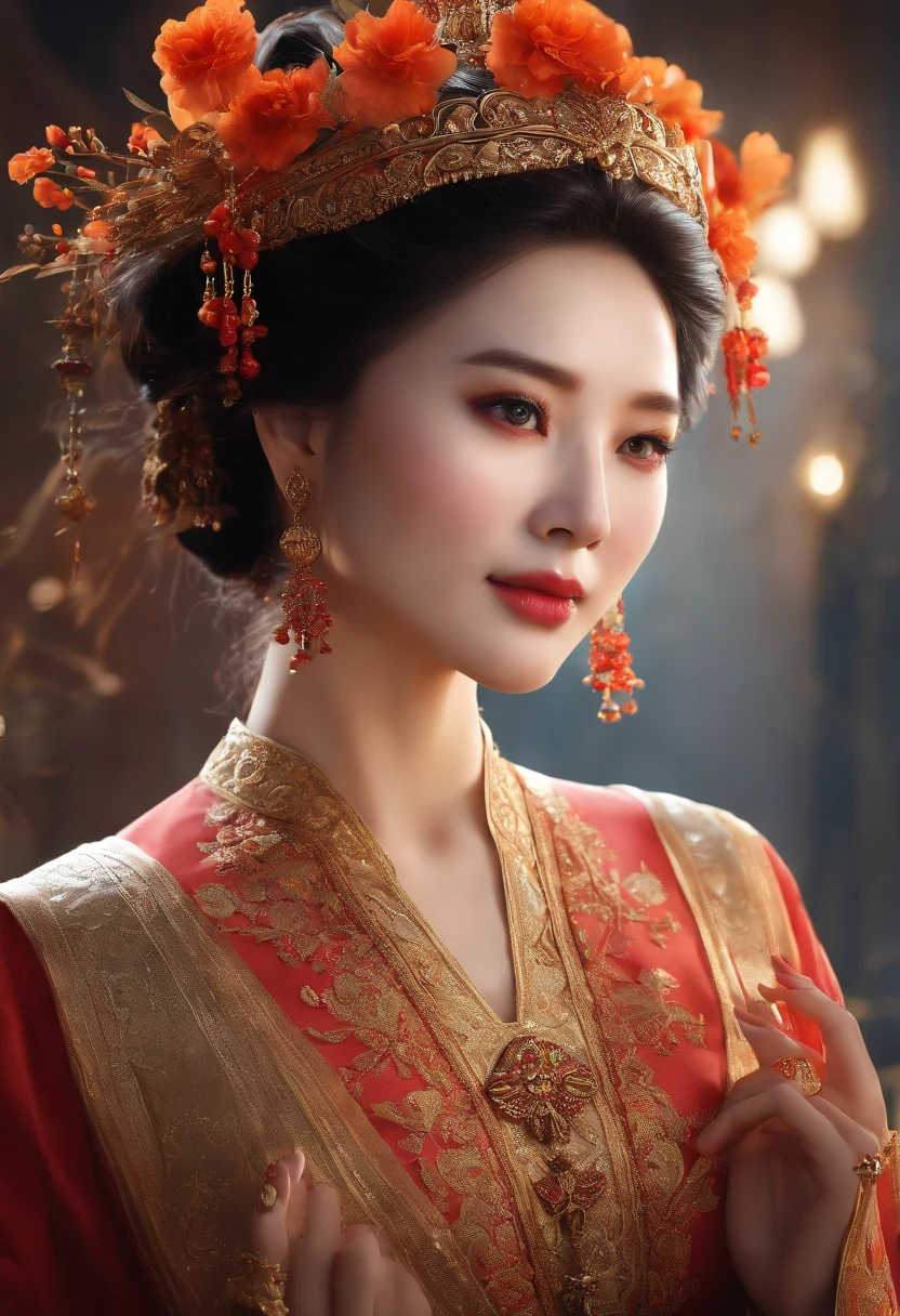 Best Picture Quality, Masterpiece Level, Ultra High Resolution, Realism, Fantasy Theme, Head Close-Up, A Girl, Single, Scatter, Chinese Architecture, Indoor, First-Person Perspective, Phoenix Headdress, Floral Dress, Get Detailed Interior Lighting and Cinematic Lighting, Increase Detailed Overall Ambient Light, Face and Eye Detail, Improve Face Detail Realism, Clear Sharp Focus, Sobbing, Mouth Biting, Frowning, Bright Eyes, Simple Background, Sony Master Lens.
