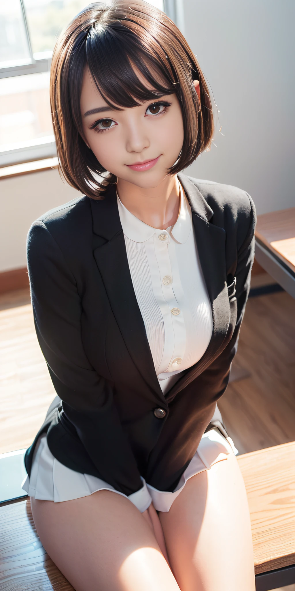 realistic woman, (aegyo sal: 1), 18 years old girl, (gray blazer, ribbon, short folded miniskirt, stockings, private school uniform: 1.2), high school classroom, beautiful detail in the eyes, (eye size: 3 /4) light on the face, ((full shot photo)), especially strong back side light, (upper eyes, smiling smile: 1.2), shiny skin, (((black hair, bob hair: 1.2))), ( beautiful thighs), ulzzang-6500-v1.1: 0.2, bashful, (flash: 1.2), NSFW, ((seductive posture: 1.2, attractiveness: 1.2)), (idle), (sitting at a desk in the classroom: 1.2)), ((good anatomy: 1.2)), ((bright and refreshing classroom, blurred background: 1.2)), perfect face, cute and symmetrical face, (High Angle Shot: 1.2)s.,((RAW photos, superior quality, masterpieces), High Definition RAW color photos professional close-up photos, (realistic, photorealism: 1.37), (highest quality), (best shadows), (best illustrations), ((erotic, sexy, ultra-high -resolution, HD Unified CG Wallpapers, Physical representation, movie lighting), Canon EOS R50 camera 50mm lens