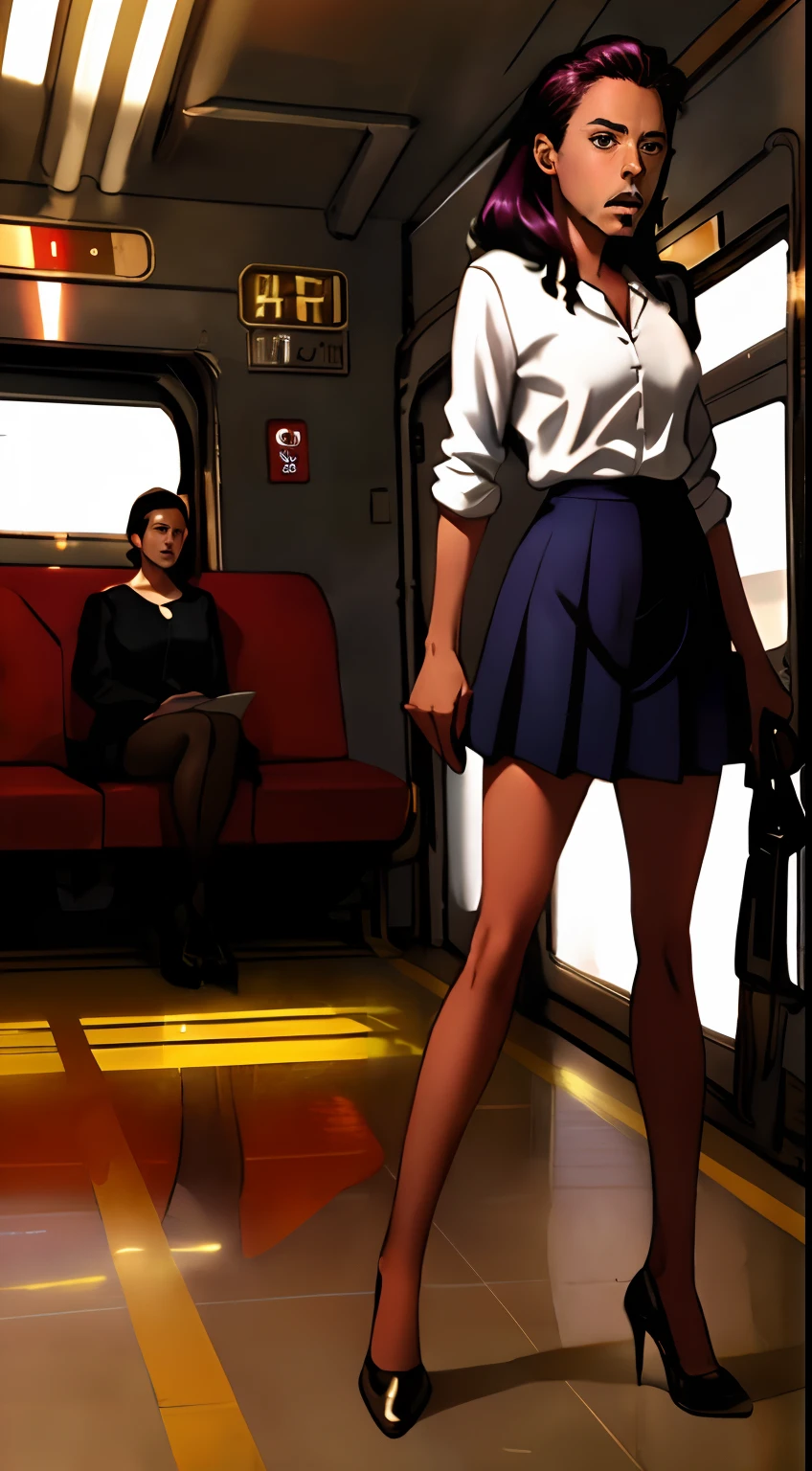 ((Robert Downey as a 14 year old pre-teen girl)), long blouse, tiny pleated skirt, waist-high black tights, high heels, full body photo, very fair skin, shaved hair, busy train car, photorealistic, indirect lighting, volumetric light, ray tracing, hyperdetailed