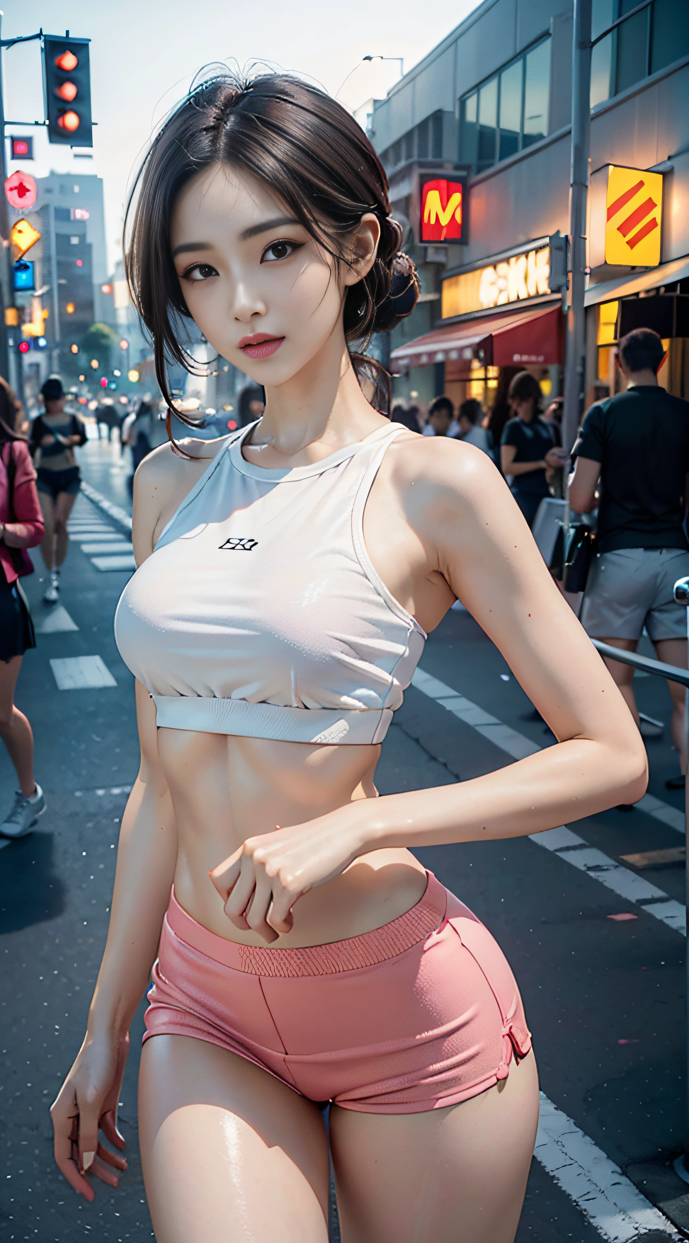 (Top quality),8K,(Masterpiece:1.3),(1 girl:1.3),(Medium breasts:1.3),Realistic,high resolution,Highly detailed face and skin texture,Realistic faces,Original photo,((Beautiful faces:1.5)),(Beautiful woman:1.4),Perfect body proportions,Whitens skin,Shiny skin,((Ultra-detailed face)),The attention to detail,Double eyelids,Eyeshadow strengthening,Eye of detail,Professional lighting,Cinematic lighting,Focus sharp,((Sporty style)),((Light, brightly colored clothing)),Brightly colored T-shirt,Short skirt,((Lively,Active,vivaciousness)),((Panties)),((Exposing thighs)),(Erotic:1.3),On the street