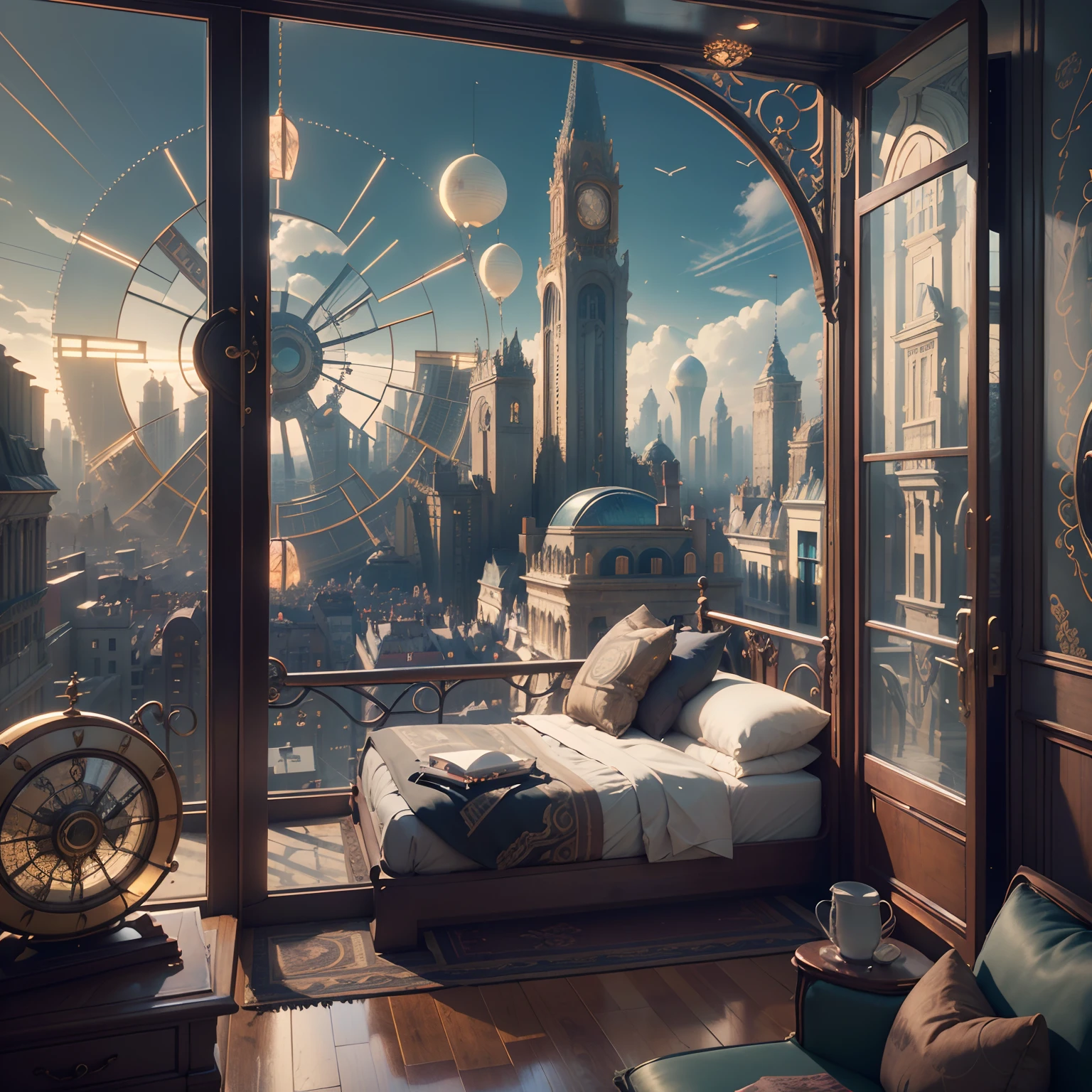 (((Generate an ornate bedroom in the style of Versailles with a big historical window.))) A hyperrealistic cyberpunk dreamscape cityscape is in the window. The cityscape is extremely detailed with many lights and LED neon colors and buildings of many different sizes. The cityscape has all colors of the rainbow and has hires interesting flying steampunk dirigibles. A giant steampunk standalone clock is seen ((through the window)). It is peaceful in the bedroom. The entire artwork is very realistic with many small details and enhancements. 3D render beeple, artstation and beeple highly, in fantasy sci-fi city, inspired by beeple, 8k, unreal engine unity CGI. Masterpiece and popular. Add many fantastical and beautiful details and nuances.