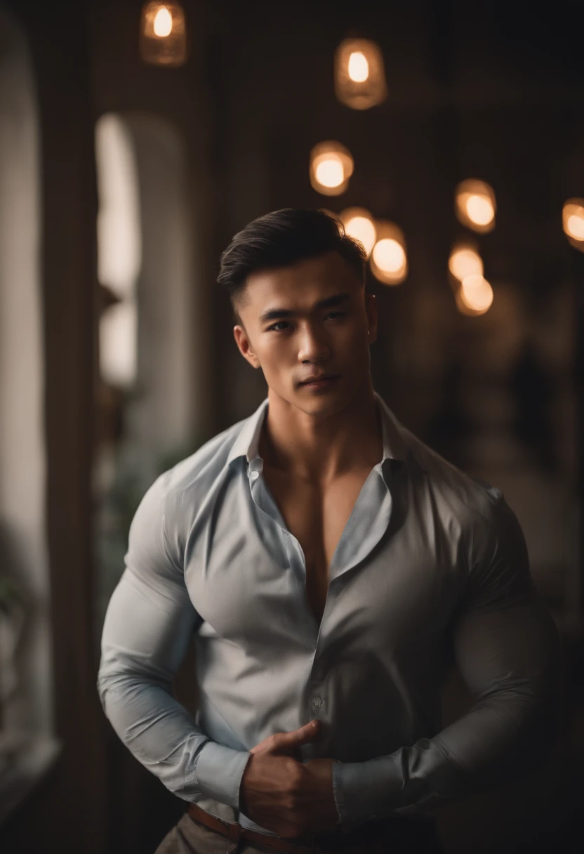 Man in shirt posing for photo, Ripped,Bigchest, lean and muscular, well-muscled, lean but muscular, beautiful handsome body, very muscular, muscular bodies, shirtless, Muscular men, sexy muscular body, musculature, Attractive body, well-muscled, muscular build,Gentle face,asian human,20-years old