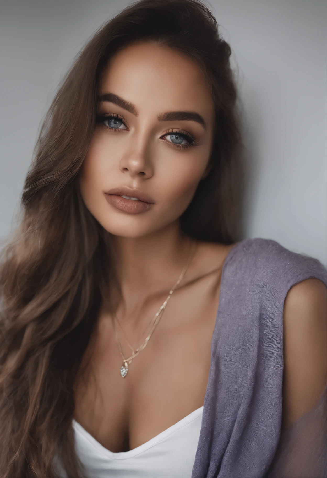 Alafed woman with white tank top and necklace, fille sexy aux yeux bruns, Portrait Sophie Mudd, cheveux bruns et grands yeux, selfie of a young woman, Yeux de chambre, Violet Myers, sans maquillage, maquillage naturel, looking straight at camera, Visage avec Artgram, Maquillage subtil, De superbes photos du corps entier, Thai