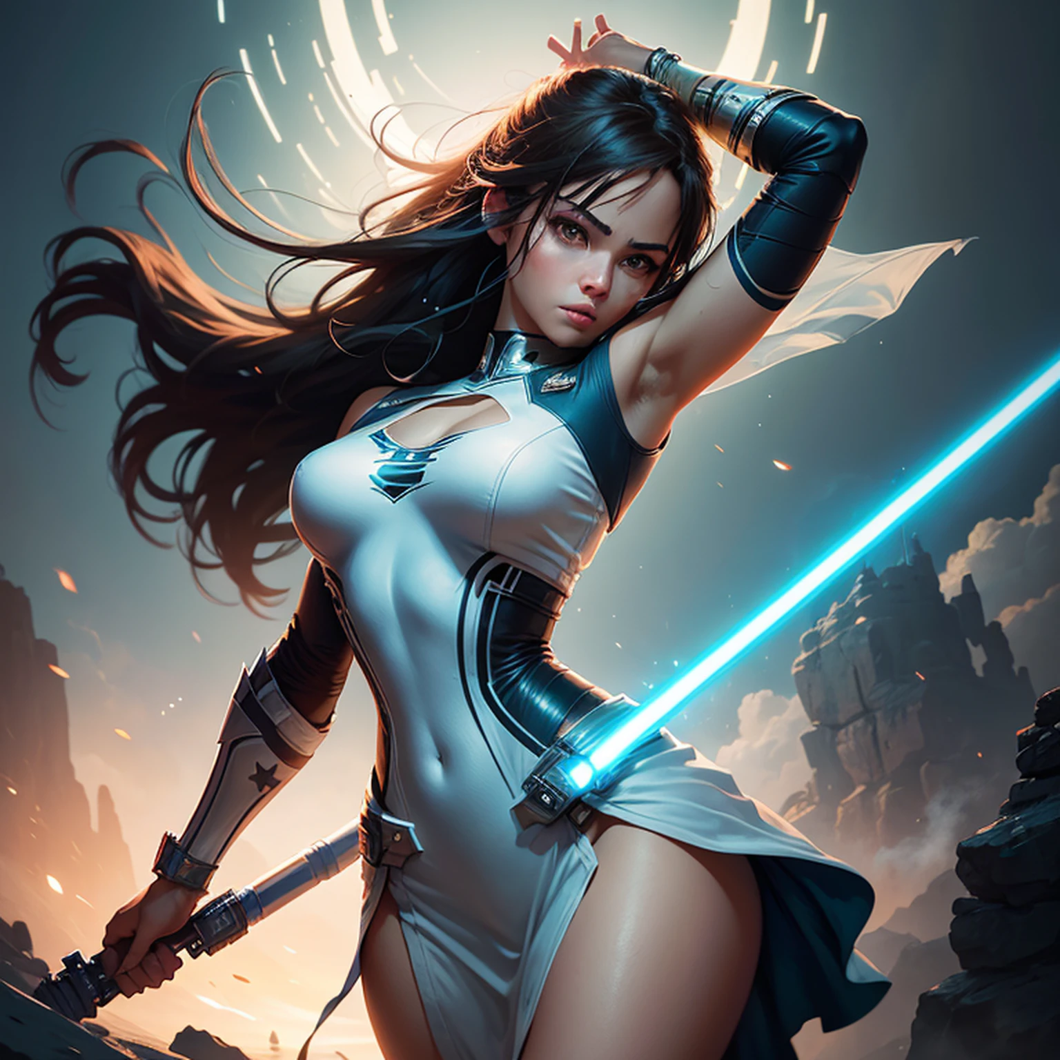 uma mulher em um vestido branco segurando um sabre de luz, Rei, Personagem de Star Wars, Jedi Feminino, Ross Tran 8 K, Alena Aenami e Artgerm, Artgerm Julie Bell Beeple, 8k arte impressionante, Lois Ross, epic digital art illustration, Arte Digital Star Wars, arte de personagem impressionante, Wojtek FUS