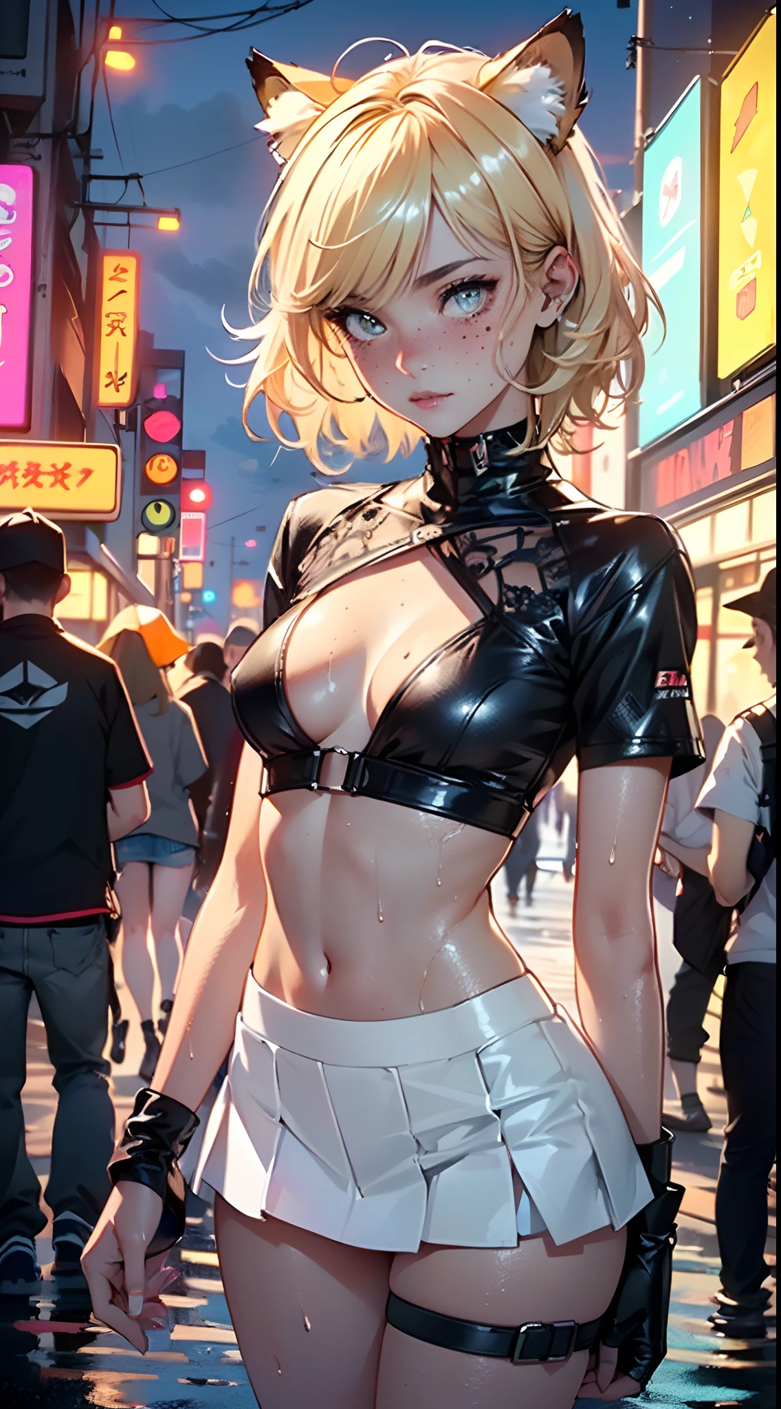 cute little cat loli,(((little loli,small tiny body,petite, chibi))),(((6 years old))),((little cat loli with extremely cute and beautiful blonde hair)),(((cat girl,anthro furry cute,cat-girl))),(((cat ears,cat ears on head,big cat ears))),
(((flat chest))),(((blonde hair:1.35,messy blonde hair,colored inner hair,ear breathing,))),(((neon_orange_eyes1.3))),intricate eyes,beautiful detailed eyes,symmetrical eyes,big eyes:1.5,(((freckles on the face,freckles,freckled girl))),(((lustrous skin:1.5,bright skin: 1.5,skin tanned,shiny skin,very shiny skin,shiny body,plastic glitter skin,exaggerated shiny skin,illuminated skin,wet legs))),(detailed body,(detailed face)),
cute,slutty,erotic,(((nsfw))),
zettai ryouiki,revealing clothing,show skin,((rave shirt,neon shirt,rave mini-skirt,visible thong straps)),(wearing a rave outfit:1.3,rave clothes,semi-naked,with little clothing),((wet clothes,intricate outfit,intricate clothes)),
(dynamic pose:1.0),embarrassed,(centered,scale to fit dimensions,Rule of thirds),
cyberpunk city by the ocean at night, with bright neon signs and dark stormy clouds and puddles, scenery:1.25,
artistic photography,(photography taken by sldr),highres, sharp focus, (ultra detailed, extremely detailed), (photorealistic artwork:1.37),(extremely detailed CG unity 8k wallpaper),((synthwave background theme)),(((vibrant colors))),(intricate background),(masterpiece),(best quality)