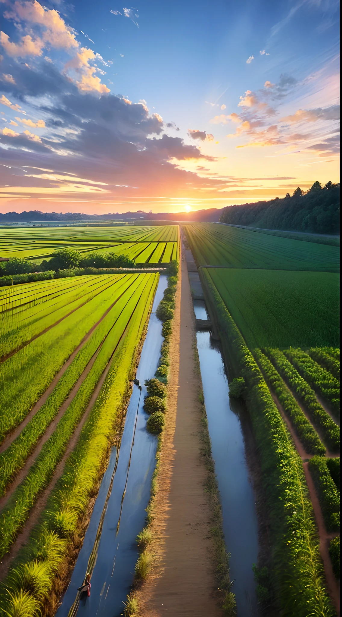 Sunset setting in orange, old farmer carrying flat load, walking along winding path in countryside, big clouds, blue sky, rice fields, neat rice seedlings in fields, forest, hillside, secluded, countryside, HD detail, hyper detail, movie, surrealism, soft light, deep field focus bokeh, ray tracing, surrealism. --v6