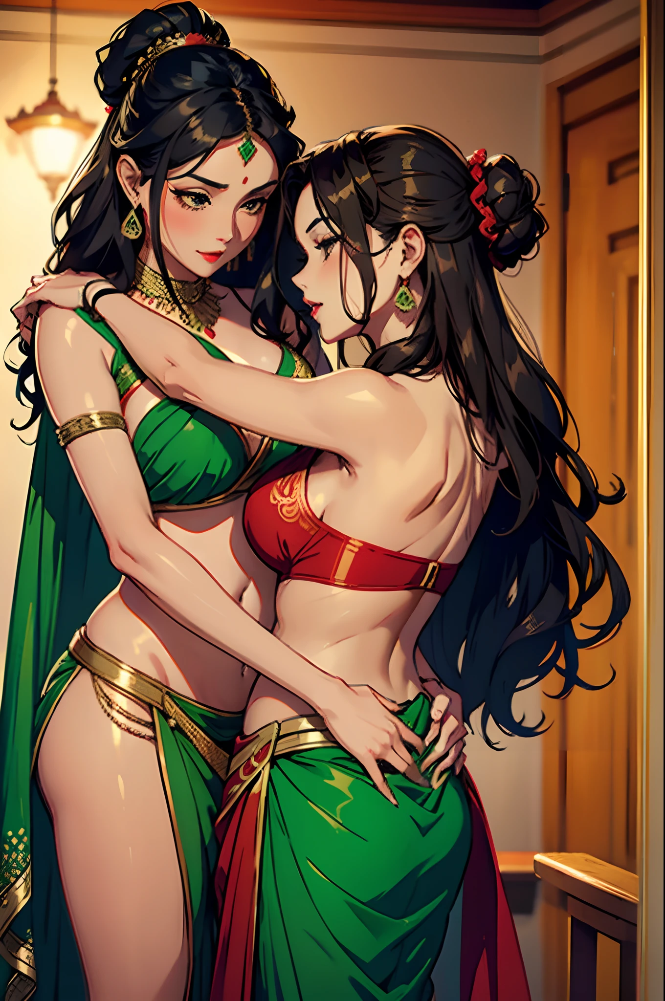 Sexy woman with long wavy brown hair and green saree kissing sexy woman with black hair in a bun wearing red saree, lips touching, passionate, erotic, so hot, stripping, intense