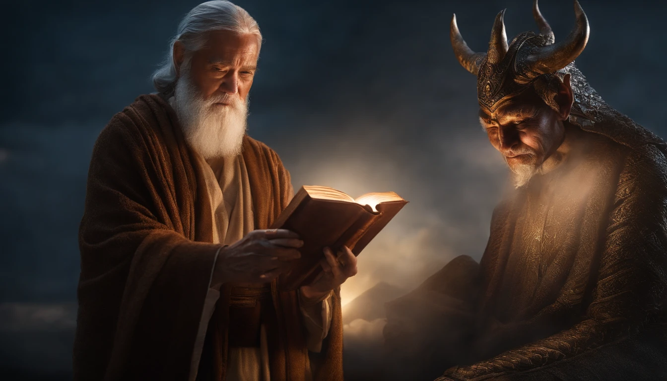 (Biblical times) On the left is an old man，Asian people，Holding a glowing book in his hand, To the right of the image is a terrifying demon (Biblical times) depth of fields, Bokeh, hentail realism, Fotorrealista, ultra-realistic realism, professional photoshooting, 8K  UHD , Digital SLR, hdr , Primary tablet, best qualityer, Granular film, photorealistic paintings, Fujifilm XT3