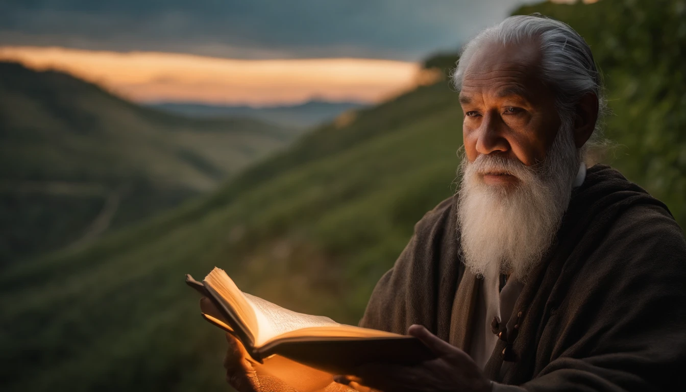 (Biblical times) On the left is an old man，Asian people，Holding a glowing book in his hand, To the right of the image is a terrifying demon (Biblical times) depth of fields, Bokeh, hentail realism, Fotorrealista, ultra-realistic realism, professional photoshooting, 8K  UHD , Digital SLR, hdr , Primary tablet, best qualityer, Granular film, photorealistic paintings, Fujifilm XT3