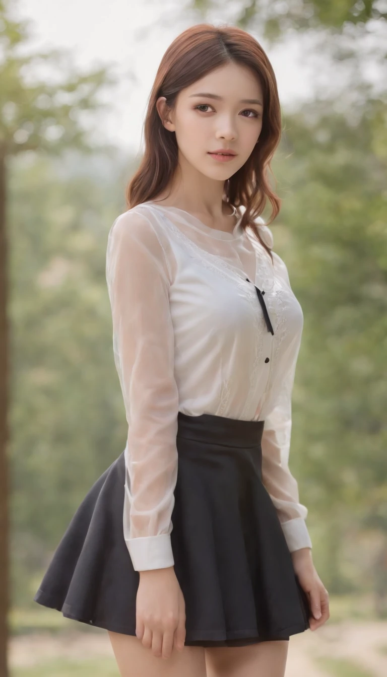 18 years old female, Long hair, RAW photo, Bokeh (Realism: 1.4, Realistic), High detail CG unified 8K wallpaper, 1girll, ((Slim body: 1)), (Small breasts: 1), back on viewer, ((View directly from the front)), (HQ skin: 1.4), 8K UHD, Digital SLR, Soft light, High quality, filmgrain, Fujifilm XT3, ((school uniform, Short skirt,Sheer revealing dress:1.5)), ((En plein air, at park))) Long beads, Portrait,((Short hair in layers, Black hire,Small breast:1.2)),(view the viewer:1.4),(full bodyesbian:1.8)