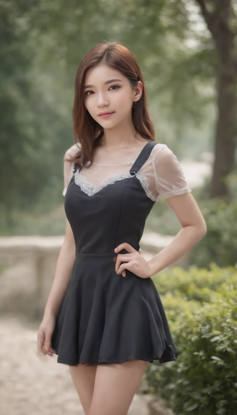 18 years old female, Long hair, RAW photo, Bokeh (Realism: 1.4, Realistic), High detail CG unified 8K wallpaper, 1girll, ((Slim body: 1)), (Small breasts: 1), back on viewer, ((View directly from the front)), (HQ skin: 1.4), 8K  UHD, Digital SLR, Soft light, High quality, filmgrain, Fujifilm XT3, ((school uniform, Short skirt,Sheer revealing dress:1.5)), ((En plein air, at park))) Long beads, Portrait,((Short hair in layers, Black hire,Small breast:1.2)),(view the viewer:1.4),(full bodyesbian:1.8)