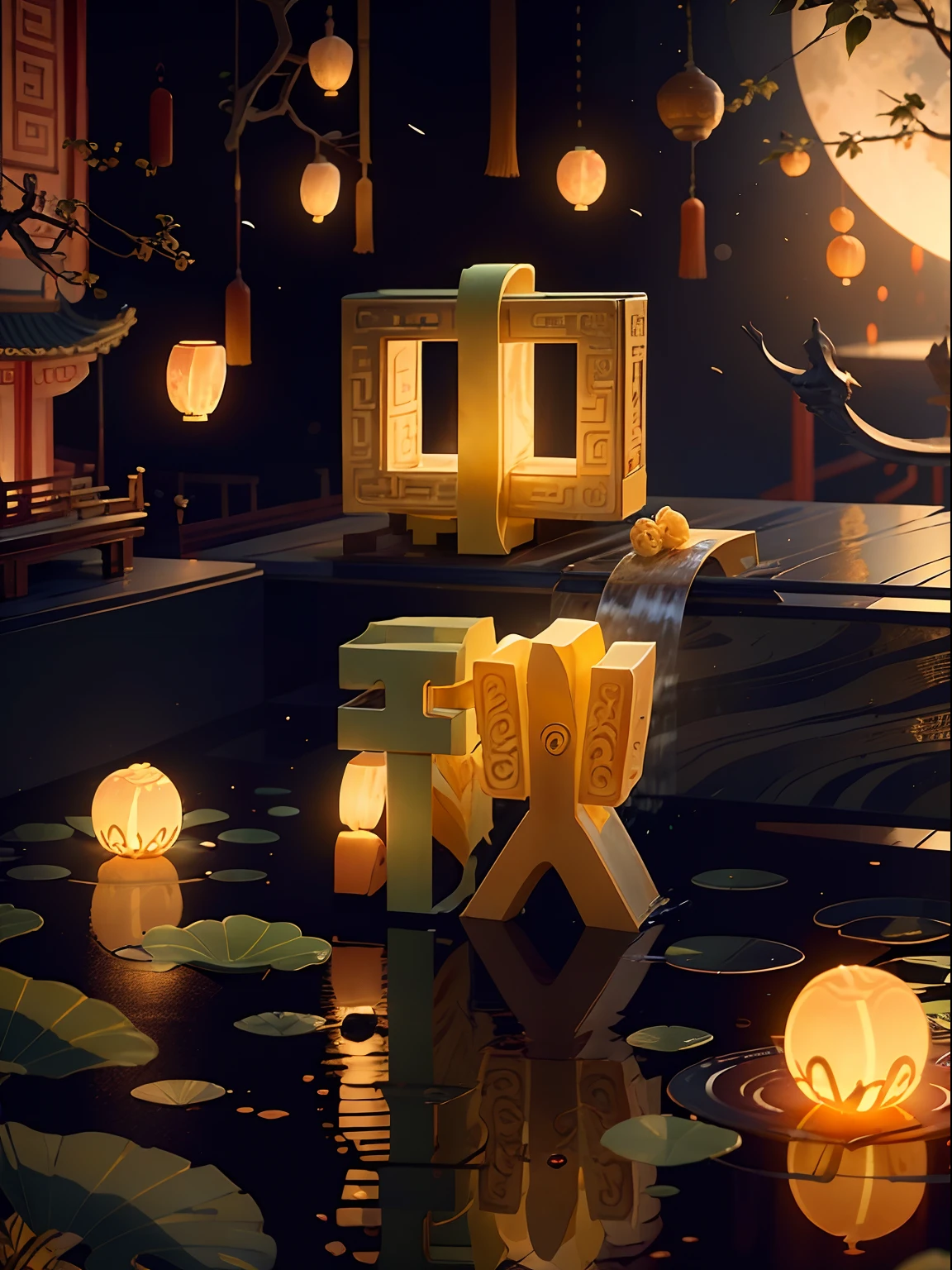 (Golden Chinese garden),Moon cake,full moon,Golden Tree,Rabbit,,Dream,waterfall cascades,Artifact light effect,Masterpiece,Super refined,Stereoscopic,super rich,Ultra detailed,32K,On all sides are flashes of gold and jade,Mid-Autumn Festival,Magnificent background