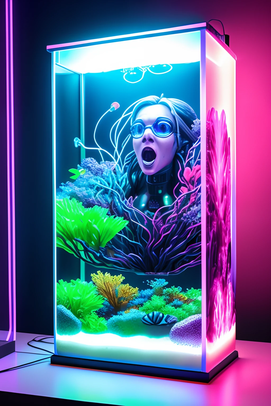 Neon glass aquarium with water and a screaming cyborg face ,realista ,4k, Fujifilm kinematics with electric wires,um gabinete com ventilador com luzes azuis