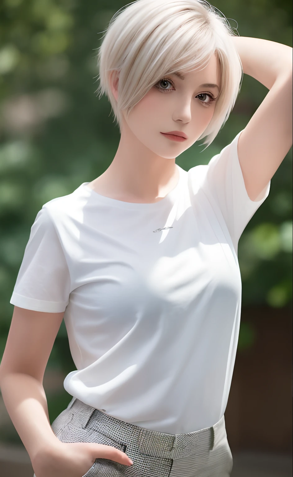 masterpiece, best quality, 1girl, short hair, platinum blonde hair, shirt, trousers