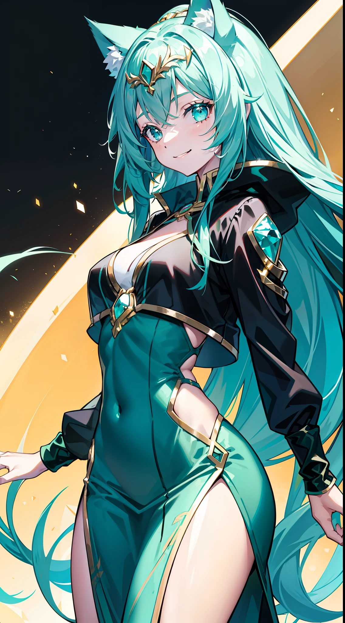 young girl, long turquoise hair, cat ears, turquoise eyes, Smile, black jacket, Green tight dress, diadem, Gold Elements, She-ra, Masterpiece, hiquality, 4k, HD, Good detail