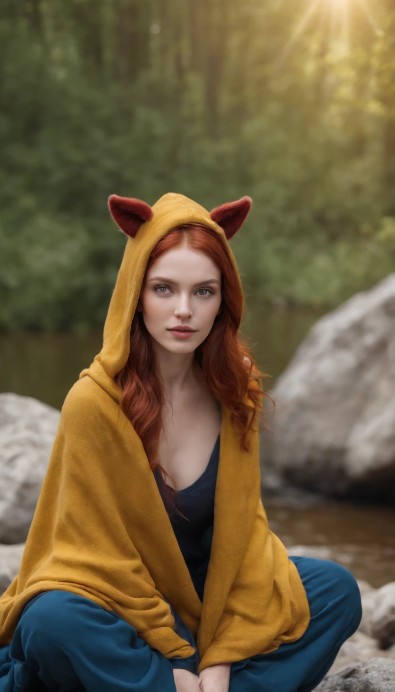8K, Best quality, (Photorealistic:1.4), RAW photo, 1girll, Red hair, Animal ears, Blue hooded cape, ears sticking out, Pose: Sitting on the rocks of the forest river, Yellow eyes,  -