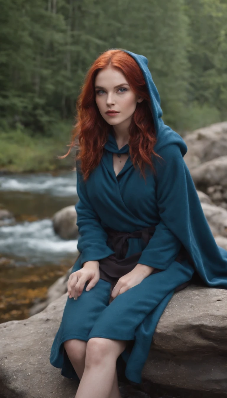8K, Best quality, (Photorealistic:1.4), RAW photo, 1girll, Red hair, Animal ears, Blue hooded cape, ears sticking out, Pose: Sitting on the rocks of the forest river, Yellow eyes,  -