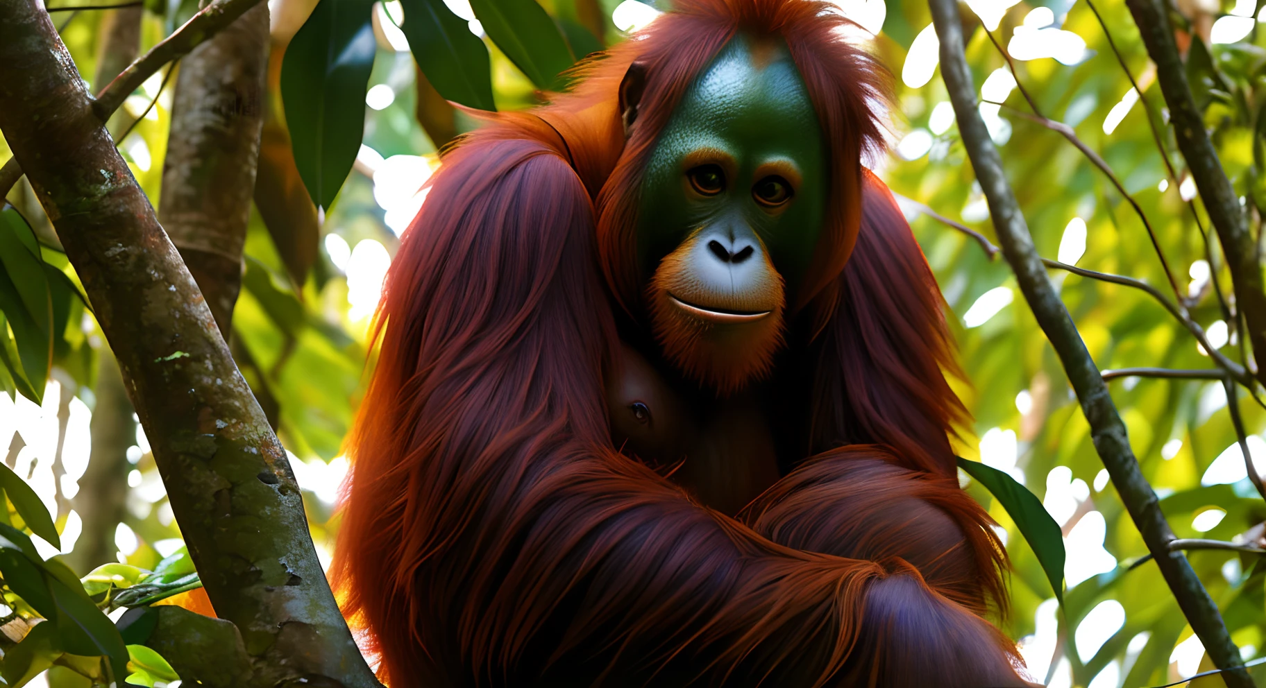 Orangutan, jungle vibe, morning light, super detail, medium zoom