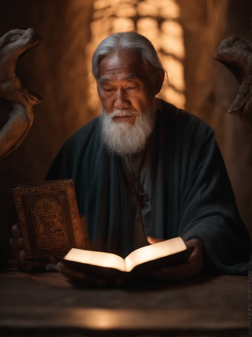 (Biblical times) On the left is an old man,Asian people,Holding a glowing book in his hand, To the right of the image is a terrifying demon (Biblical times) depth of fields, Bokeh, hentail realism, Fotorrealista, ultra-realistic realism, professional photoshooting, 8K UHD , Digital SLR, hdr , Primary tablet, best qualityer, Granular film, photorealistic paintings, Fujifilm XT3