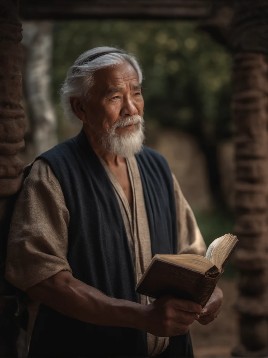 (Biblical times) On the left is an old man,Asian people,Holding a glowing book in his hand, To the right of the image is a terrifying demon (Biblical times) depth of fields, Bokeh, hentail realism, Fotorrealista, ultra-realistic realism, professional photoshooting, 8K UHD , Digital SLR, hdr , Primary tablet, best qualityer, Granular film, photorealistic paintings, Fujifilm XT3