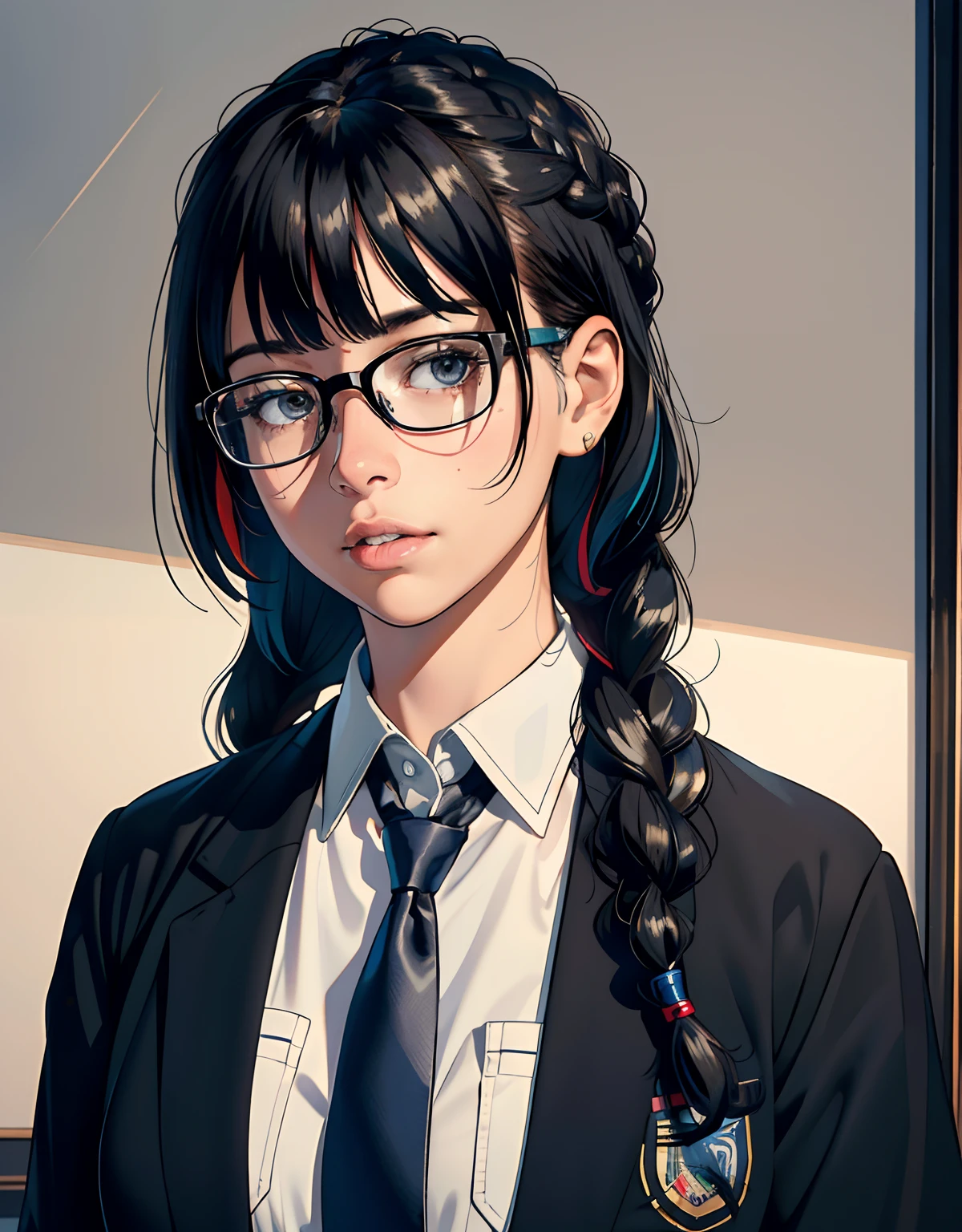 (best quality,4k,8k,highres,masterpiece:1.2), ultra-detailed, (realistic,photorealistic,photo-realistic:1.37), portraits, black hair, pony bangs, straight bangs, braided hair, long hair, black eyes, flustered face, nerd, glasses, girl, school uniform, vibrant colors, soft lighting