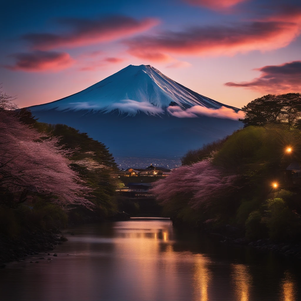 Master Parts、Superior Quality、superior image quality、The 8k quality、Beautiful pictures of the starry sky、magnifica、(Mt fuji:1.25)、dramatic cloud:1.5、Evening glow:1.9、Lenticular clouds:1.9