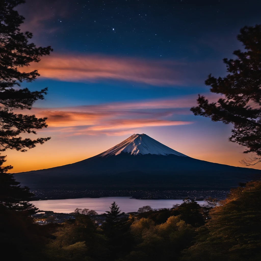 Master Parts、Superior Quality、superior image quality、The 8k quality、Beautiful pictures of the starry sky、magnifica、(Mt fuji:1.25)、dramatic cloud:1.5、Evening glow:1.9、Lenticular clouds:1.9