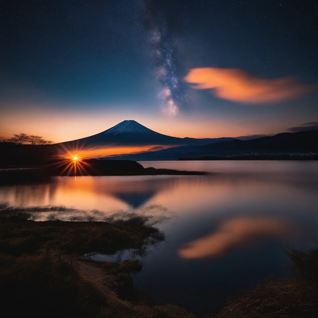 Master Parts、Superior Quality、superior image quality、The 8k quality、Beautiful pictures of the starry sky、magnifica、(Mt fuji:1.25)、dramatic cloud:1.5、Evening glow:1.9、Lenticular clouds:1.9