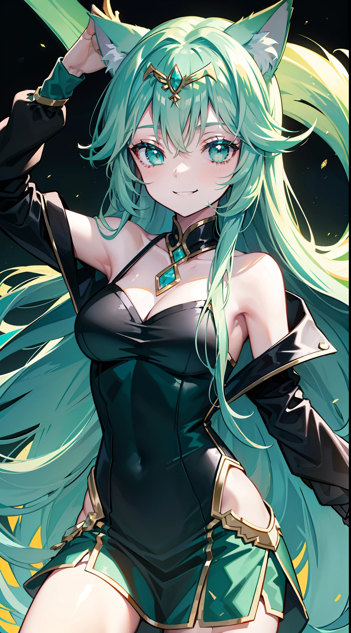 young girl, long turquoise hair, cat ears, turquoise eyes, Smile, black jacket, Green tight dress, diadem, Gold Elements, She-ra, Masterpiece, hiquality, 4k, HD, Good detail