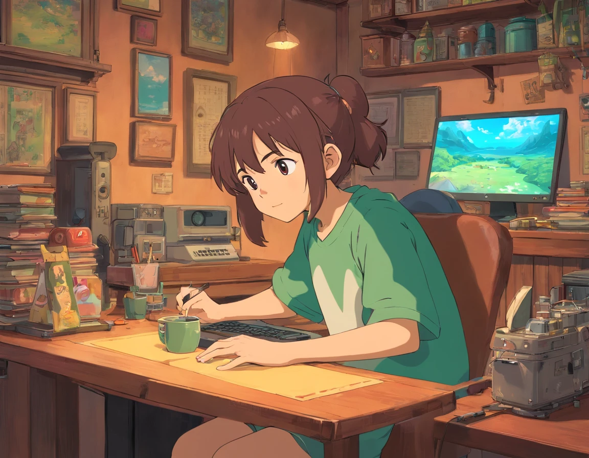 personagem de anime sentado em uma mesa com fones de ouvido e um laptop, menino lofi, Elogio Artstyle, Arte Lofi, em estilo de Studio Ghibli, lofi girl aesthetic, Hip Hop Lofi, inspirado em Studio Ghibli, Lofi Sensation, captura de tela do filme anime, estilo de Studio Ghibli Captura de tela do filme de anime, cores lofi