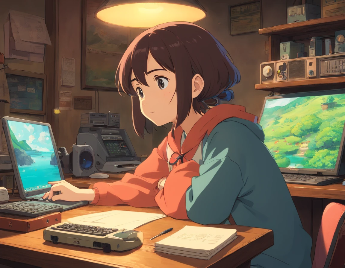personagem de anime sentado em uma mesa com fones de ouvido e um laptop, lofi, Elogio Artstyle, Arte Lofi, em estilo de Studio Ghibli, lofi girl aesthetic, Hip Hop Lofi, inspirado em Studio Ghibli, Lofi Sensation, captura de tela do filme anime, estilo de Studio Ghibli Captura de tela do filme de anime, cores lofi