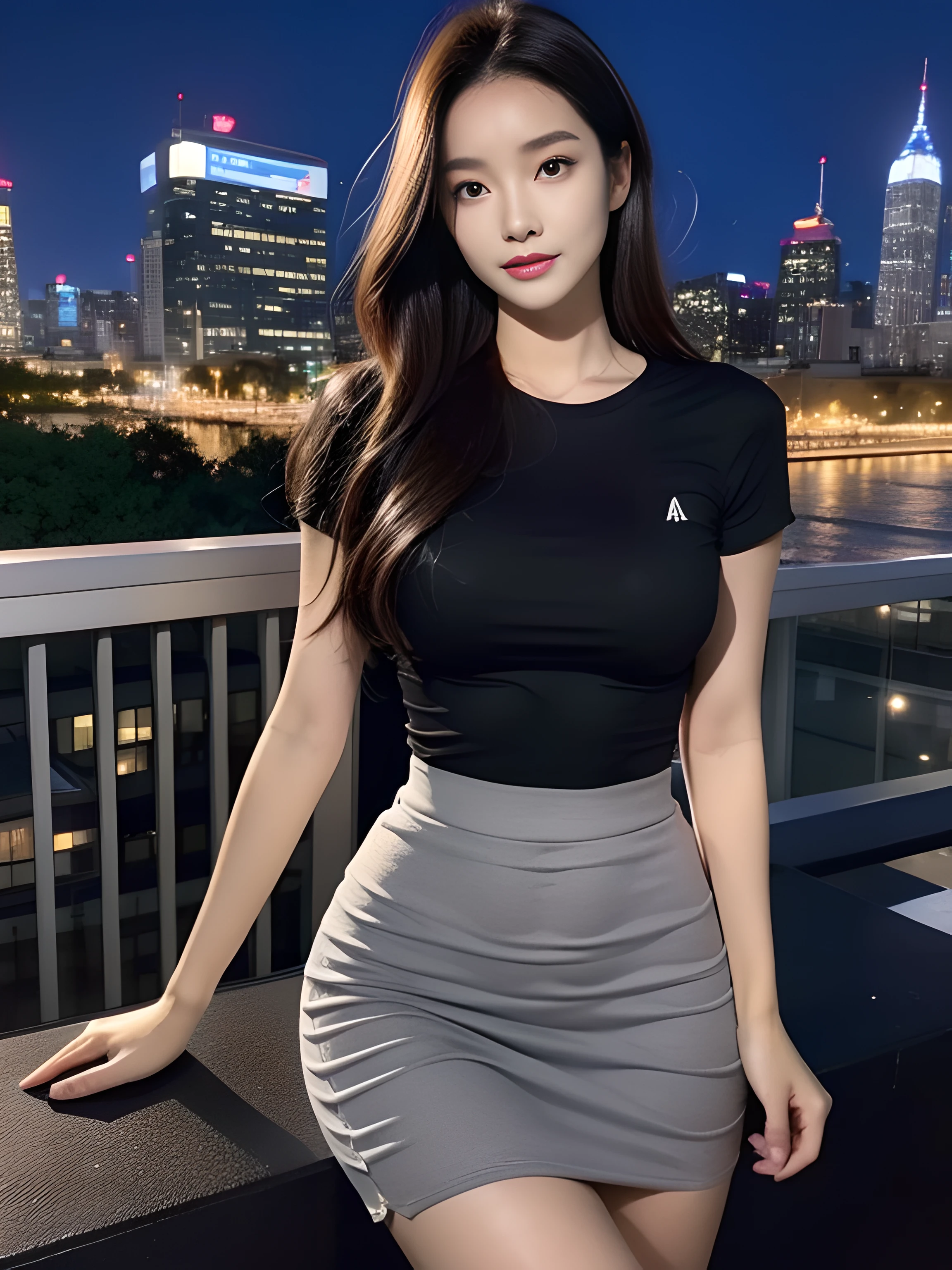 A woman in a black top and grey skirt posing for a picture - SeaArt AI