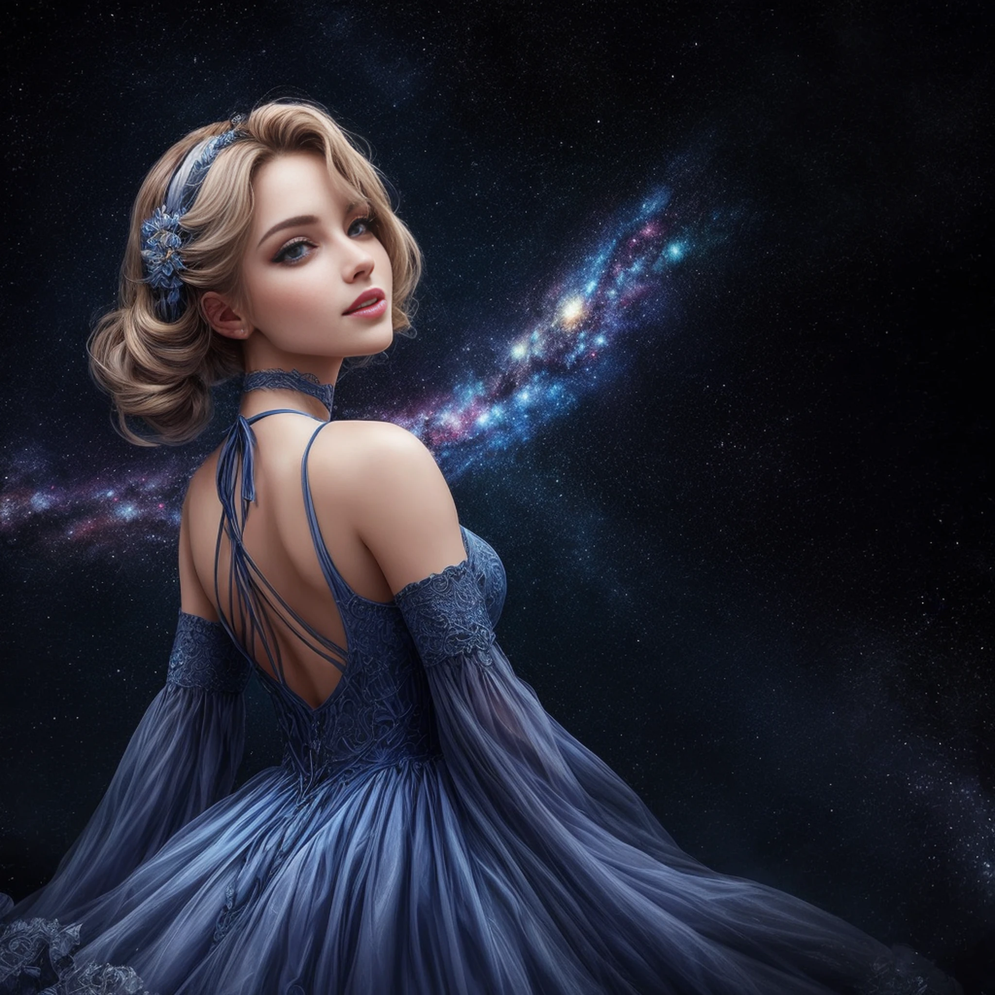 (best quality, masutepiece), young woman, vestido azul medieval da princesa, Posar, Particle, vento, flor, parte superior do corpo, fundo da noite da lua cheia, Olhando para o Viewer, longos cabelos dourados lisos soprados pelo vento, olhos azuis detalhados, galaxy, back lighting, Luzes de aro, beautiful artwork, perfect composition