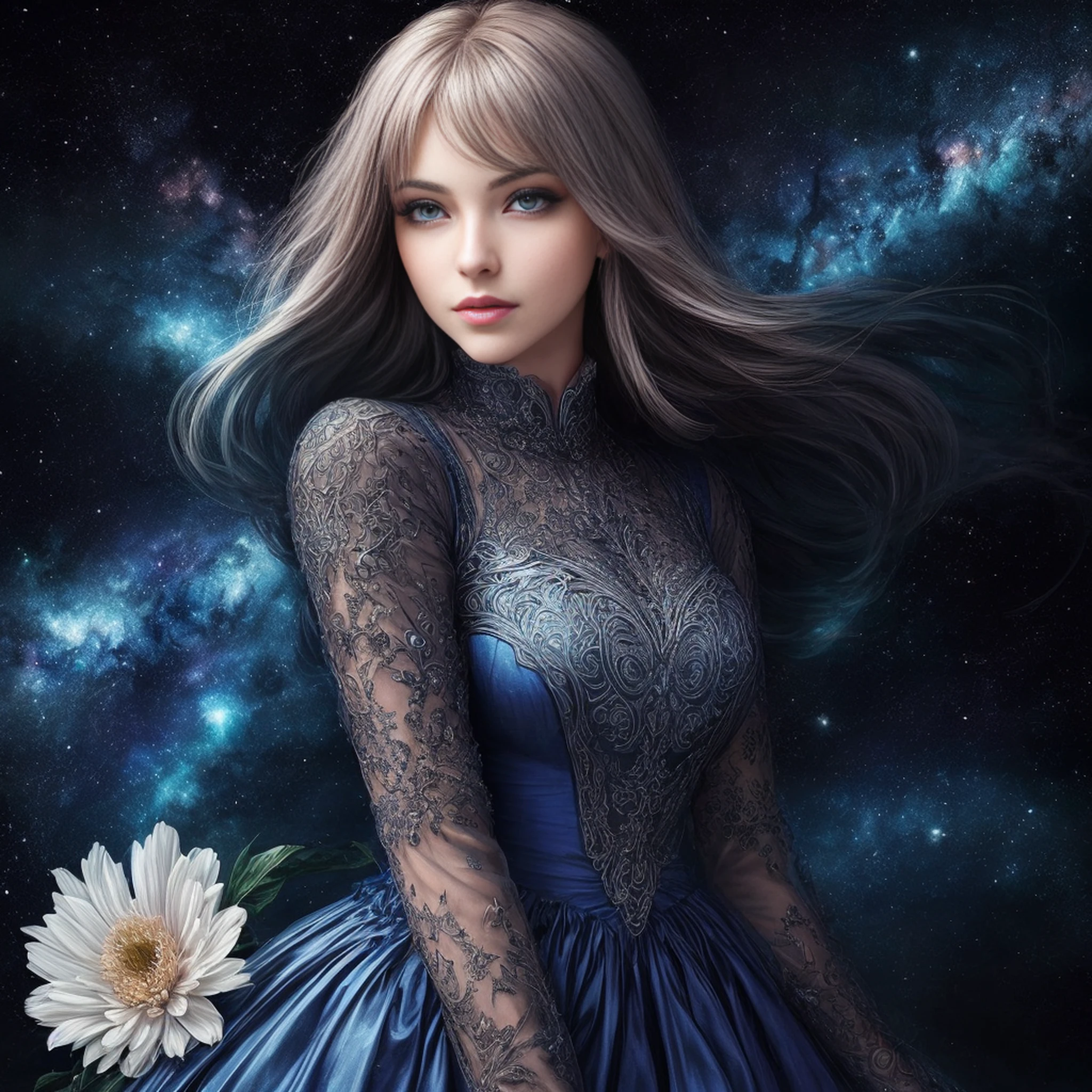 (best quality, masutepiece), young woman, vestido azul medieval da princesa, Posar, Particle, vento, flor, parte superior do corpo, fundo da noite da lua cheia, Olhando para o Viewer, longos cabelos dourados lisos soprados pelo vento, olhos azuis detalhados, galaxy, back lighting, Luzes de aro, beautiful artwork, perfect composition