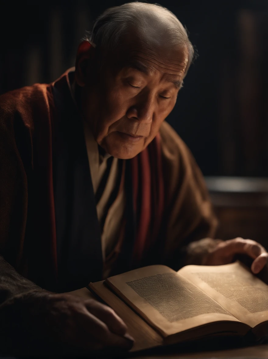 (Biblical times) On the left is an old man,Asian people,Holding a glowing book in his hand, To the right of the image is a terrifying demon (Biblical times) depth of fields, Bokeh, hentail realism, Fotorrealista, ultra-realistic realism, professional photoshooting, 8K UHD , Digital SLR, hdr , Primary tablet, best qualityer, Granular film, photorealistic paintings, Fujifilm XT3