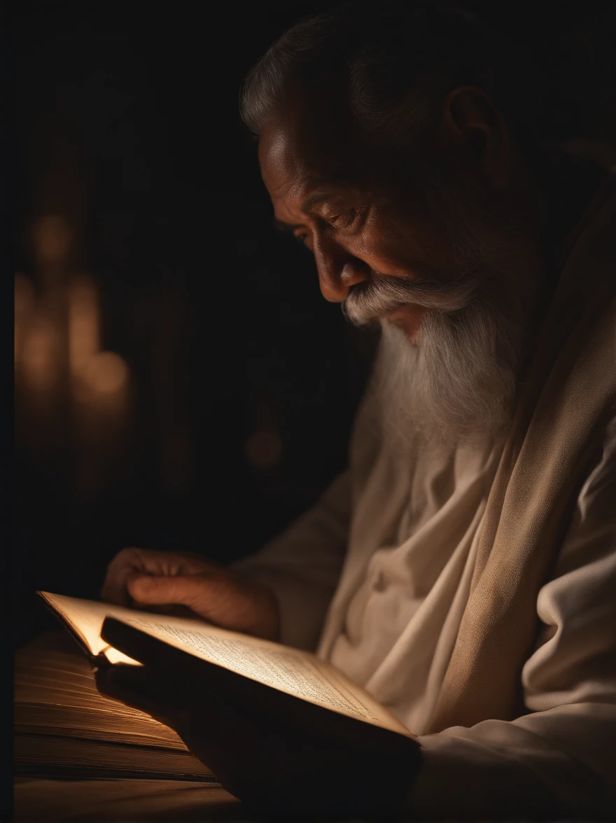 (Biblical times) On the left is an old man,Asian people,Holding a glowing book in his hand, To the right of the image is a terrifying demon (Biblical times) depth of fields, Bokeh, hentail realism, Fotorrealista, ultra-realistic realism, professional photoshooting, 8K UHD , Digital SLR, hdr , Primary tablet, best qualityer, Granular film, photorealistic paintings, Fujifilm XT3
