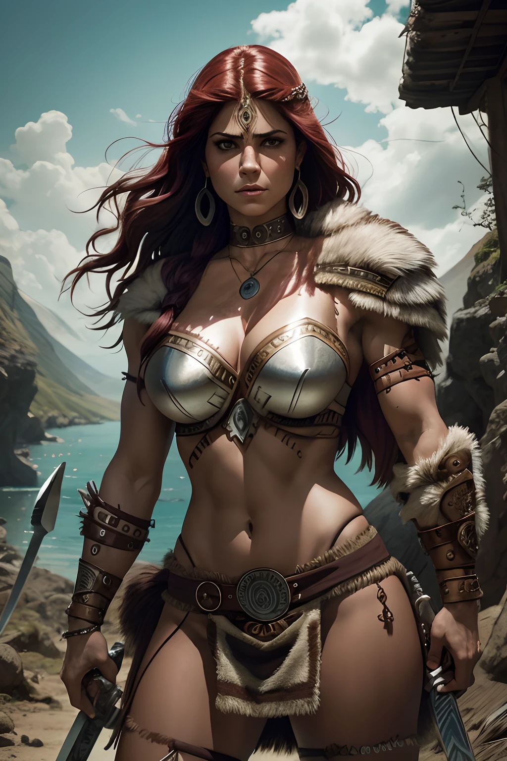 mulher arafed com espada e armadura sentada em uma rocha, barbarian warrior woman, very beautiful female barbarian, barbarian woman, inspirado em Clyde Caldwell, Directed by: David Boyd, Como ilustrado em Top Cow Comics, barbarous, uma mulher berserker muito bonita, Directed by: Jorge Jacinto, portrait of a barbarian woman, Directed by: Ignacio Zuloaga, mulher das cavernas, inspirado por Mark Brooks