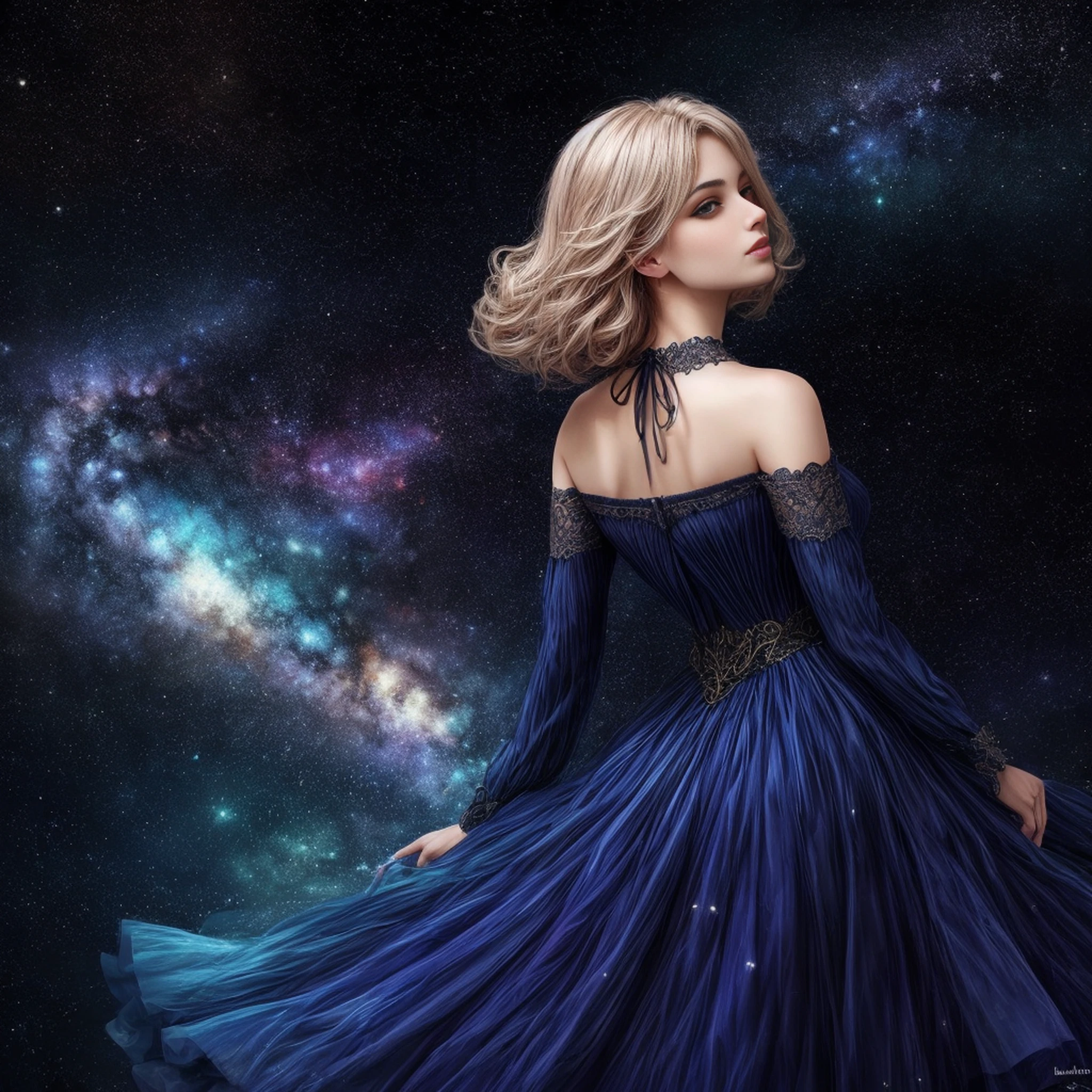 (best quality, masutepiece), young woman, vestido azul medieval da princesa, Posar, Particle, vento, flor, parte superior do corpo, fundo da noite da lua cheia, Olhando para o Viewer, longos cabelos dourados lisos soprados pelo vento, olhos azuis detalhados, galaxy, back lighting, Luzes de aro, beautiful artwork, perfect composition