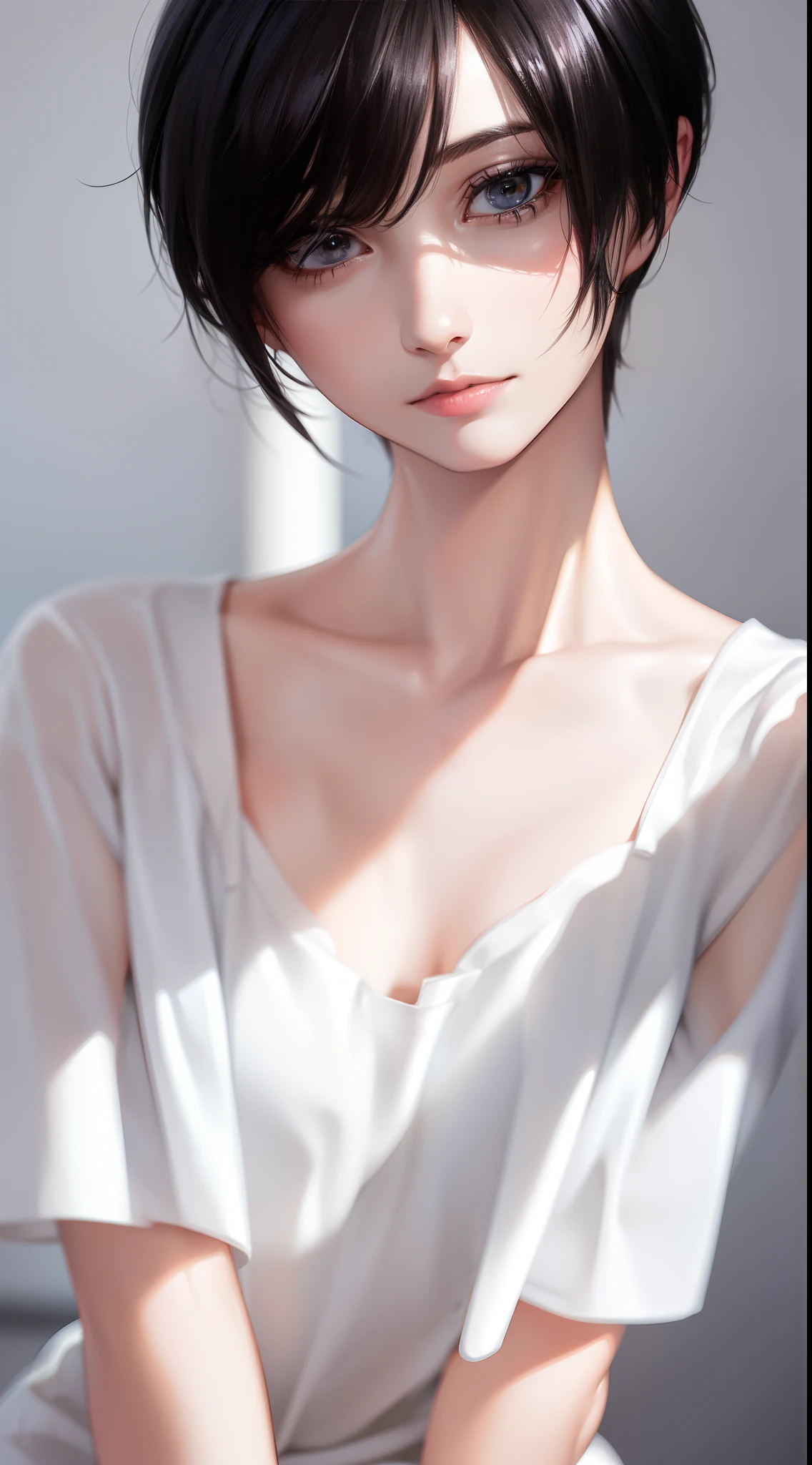 (slim body, highly detailed face, best quality: 1.2), a beautiful woman, woman looking sick, pale face, look at the viewer, (hospital clothes), (short hair, disheveled hair, black hair),