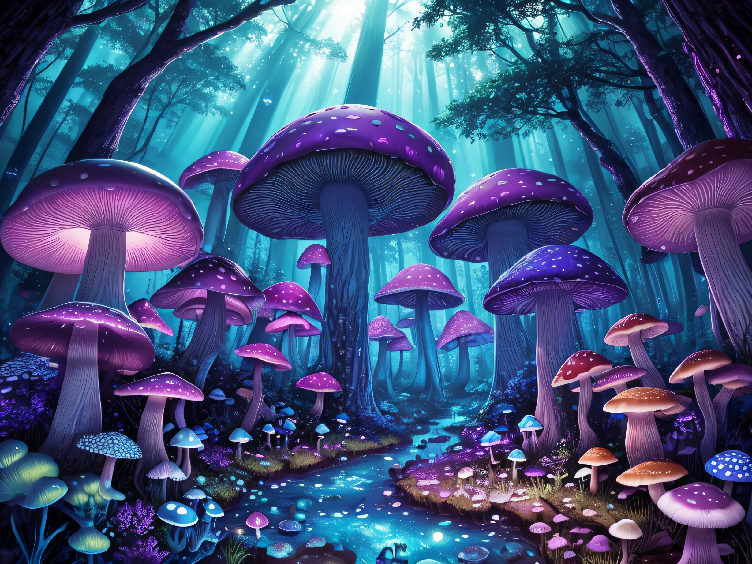 Blue-purple mushrooms,cogumelo trippy,Mushrooms grow in forests,There is a stream that leads to them, rays of moonlight,starrysky,themoon,Local bright light,Mushroom forest, Natural graphics,Mushroom Life Tree, magic mushrooms, mushrooms milky way, forest made of mushrooms, cyber mushroom city, Mushrooms are everywhere, Cogumelos, psychedelic mushrooms dream, underwater mushroom forest, mushroom trees, magic mushrooms, Mushrooms, glowing mushrooms, The Great Forest of Mushrooms. large mushrooms, 8k,High quality detailed art,tmasterpiece,illustration,