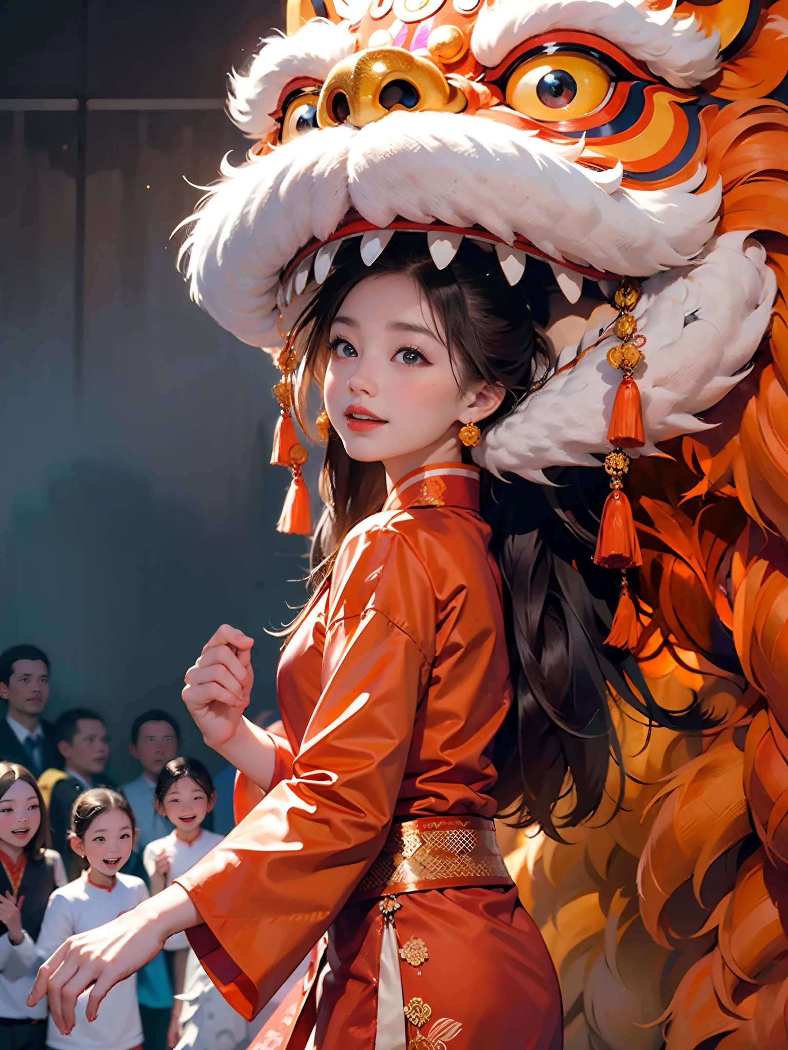 This picture shows a wonderful Chinese lion dance performance。The stage set faces a traditional courtyard,Red lanterns and golden holiday banners are hanging。People cheered around the stage,Expect a gorgeous and mysterious lion dance show。
In the center of the picture,The majestic lion dance is ready to try。It is tall and powerful,Covered with golden fur,The body is decorated with red and green ornaments。Its lion head comes to life,The eyes are flexible,Gaze ahead。The lion bites a beam of firecrackers,It symbolizes the power of celebration and the destruction of evil。
Two dancers perform a lion dance in the front and rear sections。They wear uniform costumes,Precise coordination of movements。The former dancer wore a red robe,With a dancing stick,Dancing lion body,Show the strength and power of the lion。The rear dancer manipulates the tail of the lion dancer,Follow the lion dance flexibly and gracefully。
The audience was elated,Applause and applause abound。They watched intently at every movement of the lion dance,Full of joy and excitement。Some children scrambled to get closer to the stage,reaching out her hands,Chase and play lion dance。
The whole picture is full of festive and joyful atmosphere。The colors are bright and bright,It makes people feel like they are in the joyous celebration of the Mid-Autumn Festival。The power and power of the lion dance、Cooperation and coordination of dancers,It shows the unique charm and wonderfulness of lion dance performances in Chinese culture。