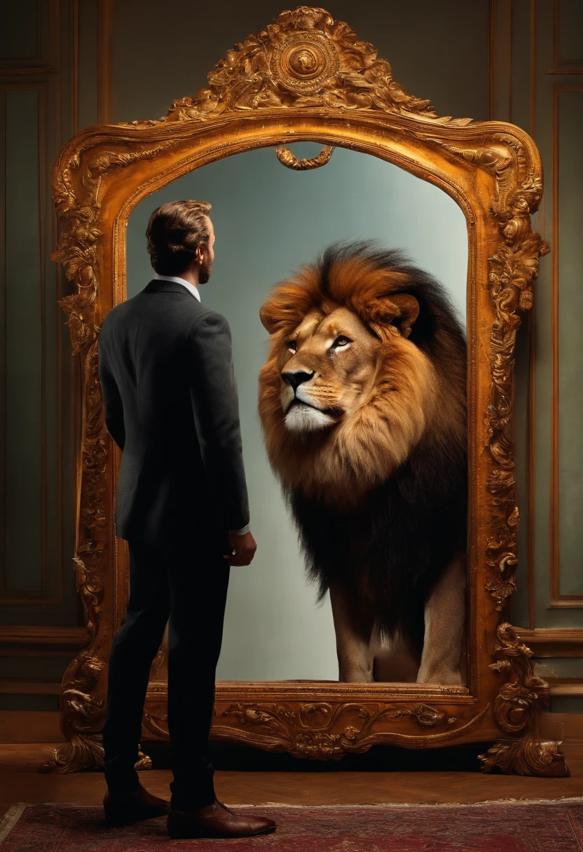 a man in front of a mirror sees himself reflected alongside a majestic lion. Both share a surprising and intriguing moment as the man touches the mirror, questioning the reality of this surreal scene