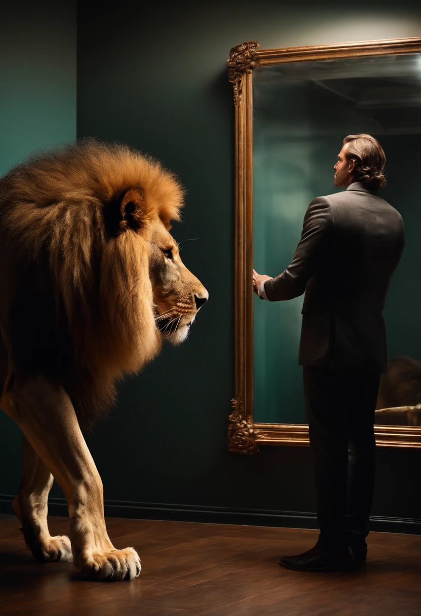 a man in front of a mirror sees himself reflected alongside a majestic lion. Both share a surprising and intriguing moment as the man touches the mirror, questioning the reality of this surreal scene