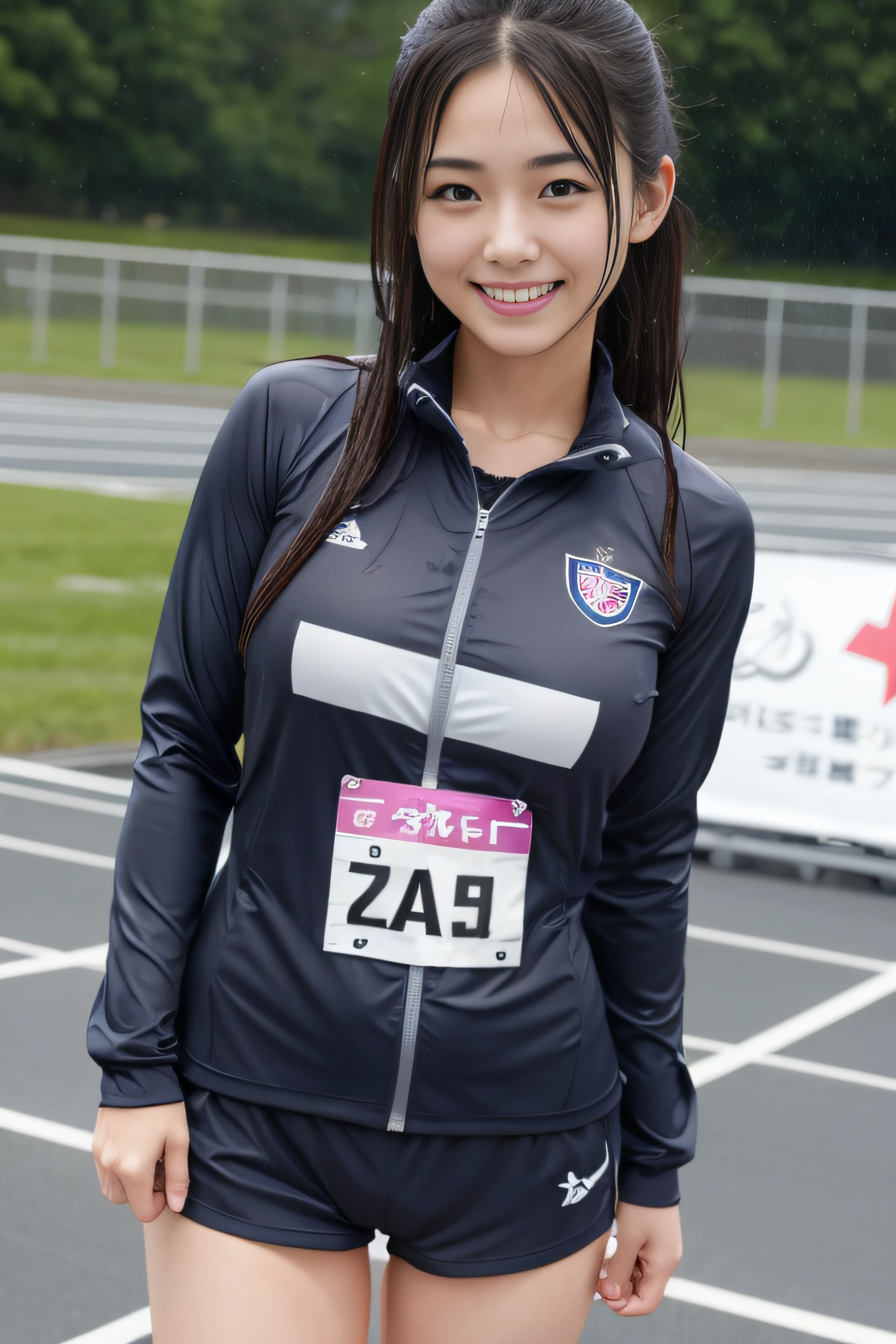 japanes、track and field、Smile、large full breasts、Gray uniform、a wet body、NSFW