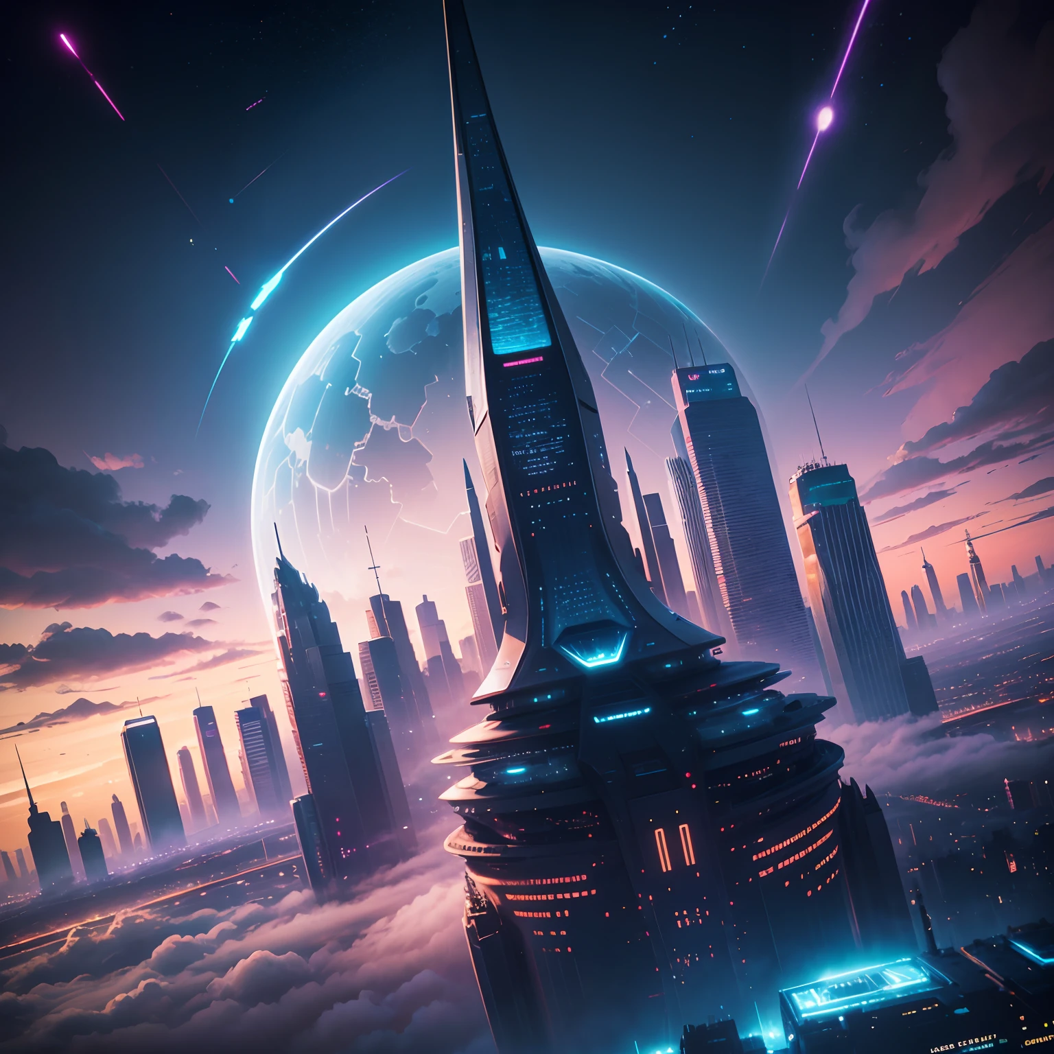 cyberpunked，epcot，Futuristic cityscape lined with skyscrapers，ＳＦart by，top-quality，超A high resolution，dream，futuristic cities，planet earth，Skyscraper high through the clouds，