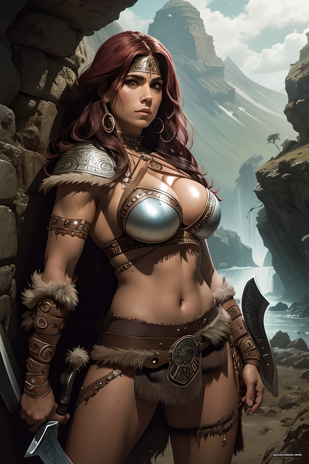 mulher arafed com espada e armadura sentada em uma rocha, barbarian warrior woman, very beautiful female barbarian, barbarian woman, inspirado em Clyde Caldwell, Directed by: David Boyd, Como ilustrado em Top Cow Comics, barbarous, uma mulher berserker muito bonita, Directed by: Jorge Jacinto, portrait of a barbarian woman, Directed by: Ignacio Zuloaga, mulher das cavernas, inspirado por Mark Brooks
