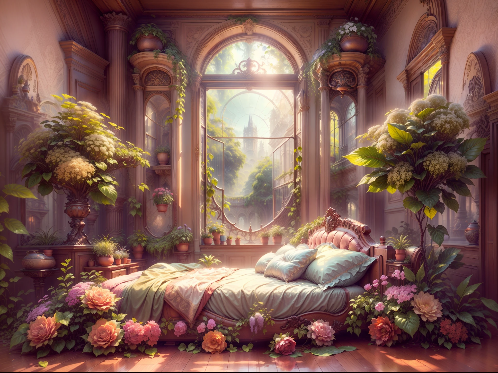 Solarpunk Dreamscape: The Royal Botanical Sanctuary | Generate an ornate botanical bedroom in the style of Versailles in a solarpunk world. There is a giant historical window in the bedroom. The giant French historical window is adorned with intricate carvings and dominates one wall. Through the massive window, a colorful and intricate solarpunk cityscape is visible. The cityscape is bustling and interesting, with many small details and high visual interest. The bedroom is peaceful, with many elegant flowers and flowered ivy among the rich silk fabric and hardwood floor. Take inspiration from rooftop gardens, royal french gardens, beautiful rose gardens, and whimsical fantasy. Include beautiful fantasy details and touches, including fantasy water, books, 3D touches, and delicate tendrils of ivy. Camera: Utilize innovative lighting techniques to emphasize the realism and beauty of the image. Delicate flower petals from floating flowers dance through the air. Utilize dynamic composition to create a compelling image.