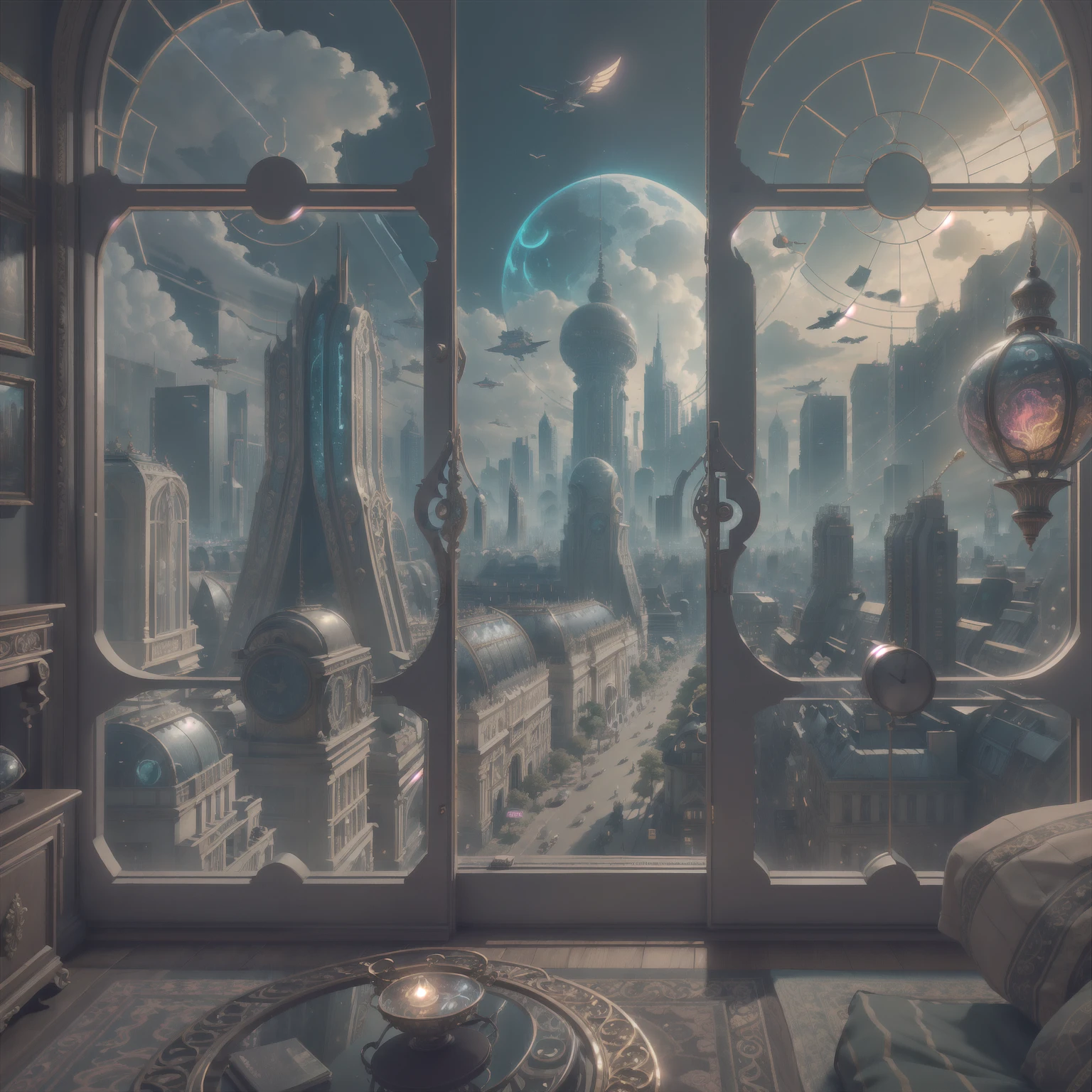 (((Generate an ornate bedroom in the style of Versailles with a big historical window.))) A hyperrealistic cyberpunk dreamscape cityscape is in the window. The cityscape is extremely detailed with many lights and LED neon colors and buildings of many different sizes. The cityscape has all colors of the rainbow and has hires interesting flying steampunk dirigibles. A giant steampunk standalone clock is seen ((through the window)). It is peaceful in the bedroom. The entire artwork is very realistic with many small details and enhancements. 3D render beeple, artstation and beeple highly, in fantasy sci-fi city, inspired by beeple, 8k, unreal engine unity CGI. Masterpiece and popular. Add many fantastical and beautiful details and nuances.
