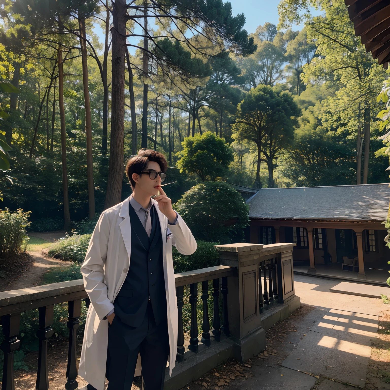 Cool doctor boy smoking in a beautiful mansion in the woods