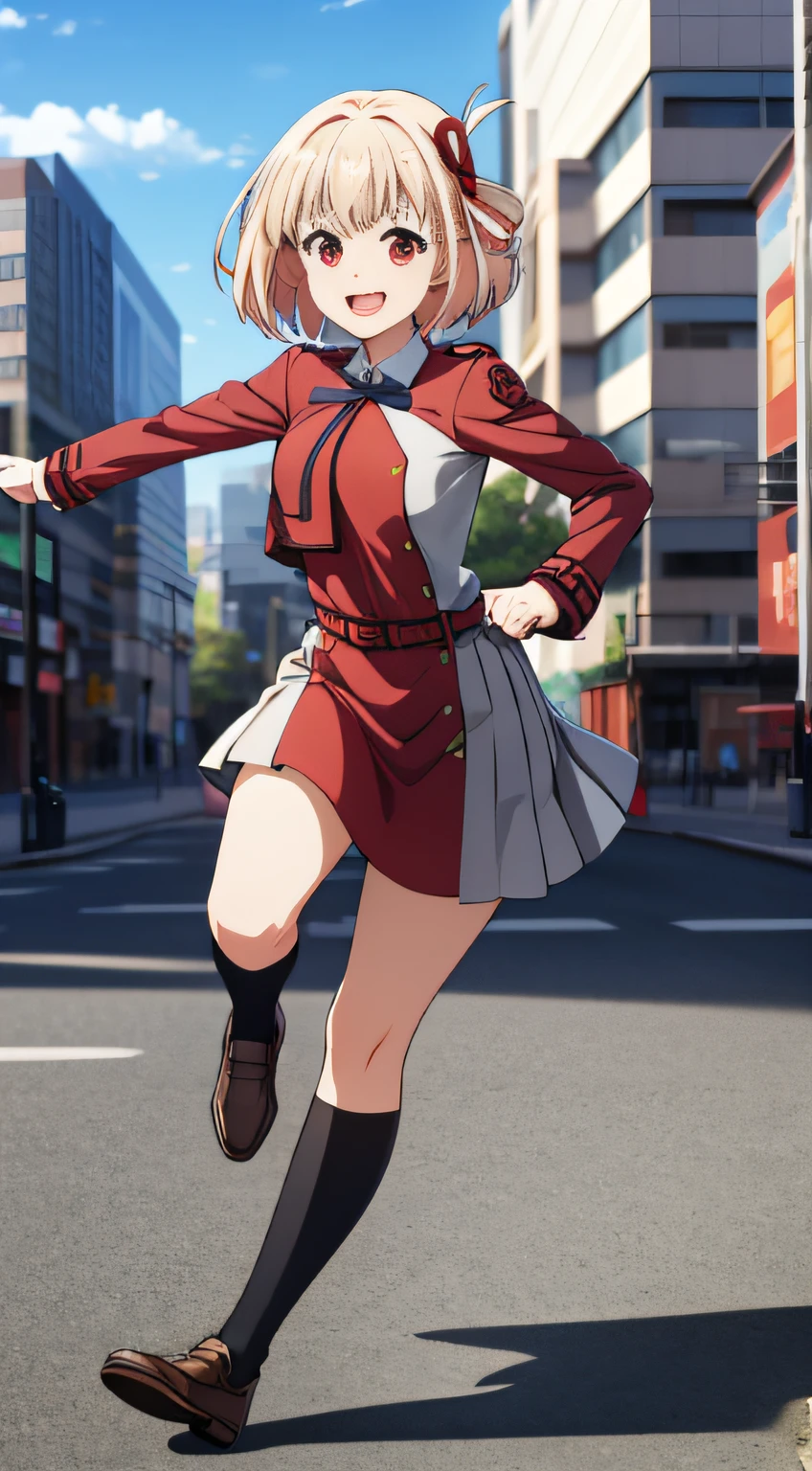 Chisato Nishikiki, Short hair, Bangs, Blonde hair, (Red Eyes:1.5), Hair Ribbon, bob cuts, Smiling, full body seen, Running, Shirt, Long sleeves, Dress, bow ribbon, White shirt, Collared shirt, Neck ribbon, Red dress, Blue Ribbon, pleated dress, grey dress, two-tone dress, Red Belt, Black High Socks, Wearing brown loafers, Lycoris Uniform,20yr old~25-years old, With central Tokyo in the background,blue-sky,